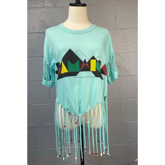 Vtg 80s Asymmetric Beaded Fringe Razor Cut Single Stitch Tee amaica Souvenir - Picture 3 of 10